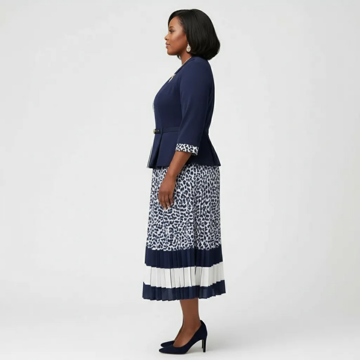 Navy & Leopard Print Pleated One‑Piece Dress