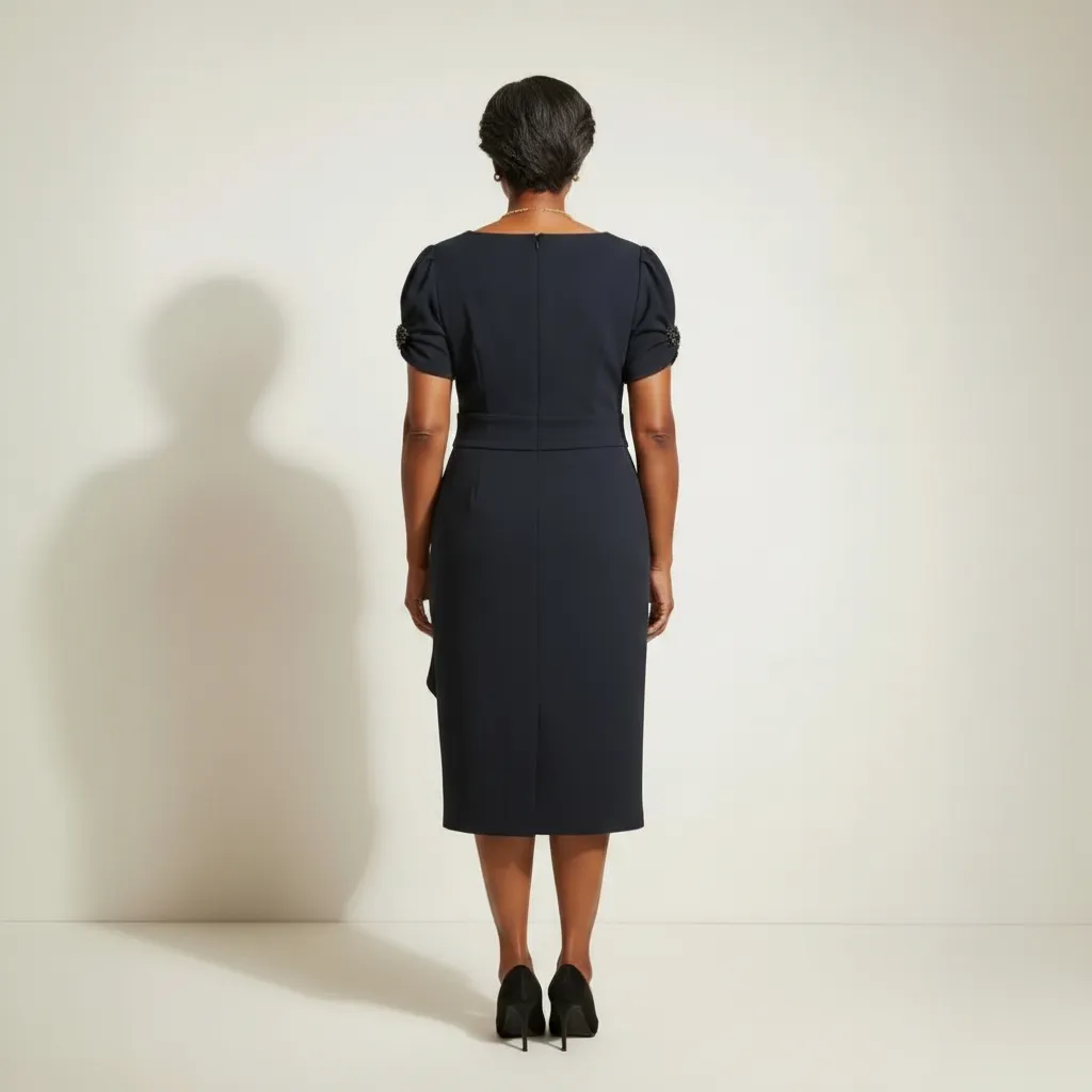 Black Midi Sheath Dress with Puff Sleeves & Draped Waist Detail