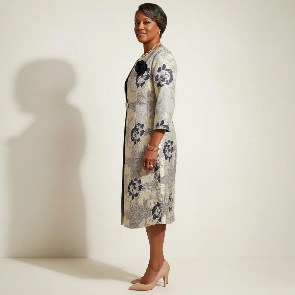 Navy & Gold Brocade Midi Coat‑Dress Set