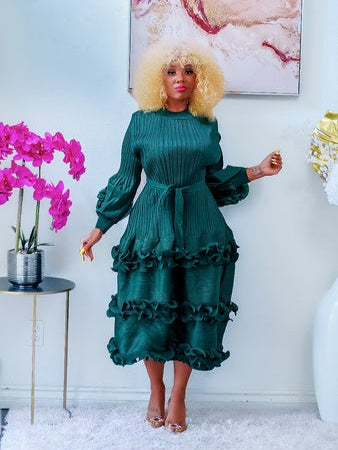 Green Tiered Midi Dress with Ruffle Sleeves