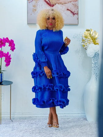 Elegant Blue Tiered Midi Dress with Ruffle Sleeves
