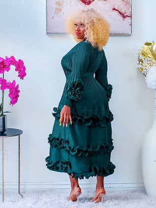Green Tiered Midi Dress with Ruffle Sleeves