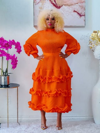 Orange Tiered Midi Dress with Ruffle Sleeves