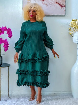 Green Tiered Midi Dress with Ruffle Sleeves