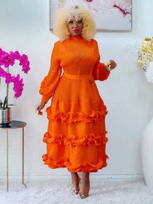 Orange Tiered Midi Dress with Ruffle Sleeves