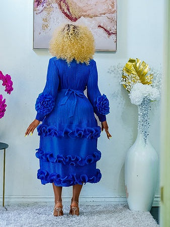 Elegant Blue Tiered Midi Dress with Ruffle Sleeves