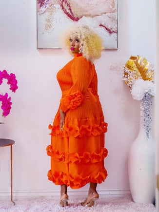 Orange Tiered Midi Dress with Ruffle Sleeves