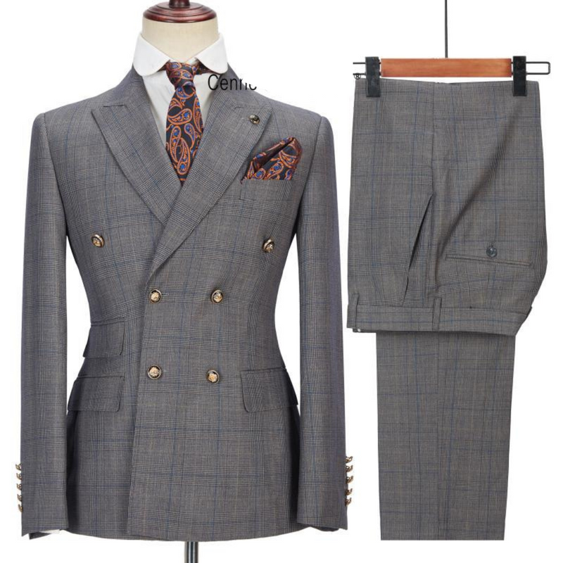 Charcoal Checked Double-breasted Suit For Wedding