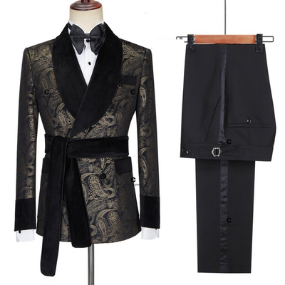 Stylish Black Jacquard Double-Breasted Suit for Men
