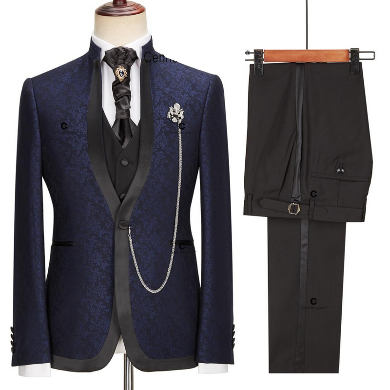 Navy Blue and Black Jacquard Tuxedo