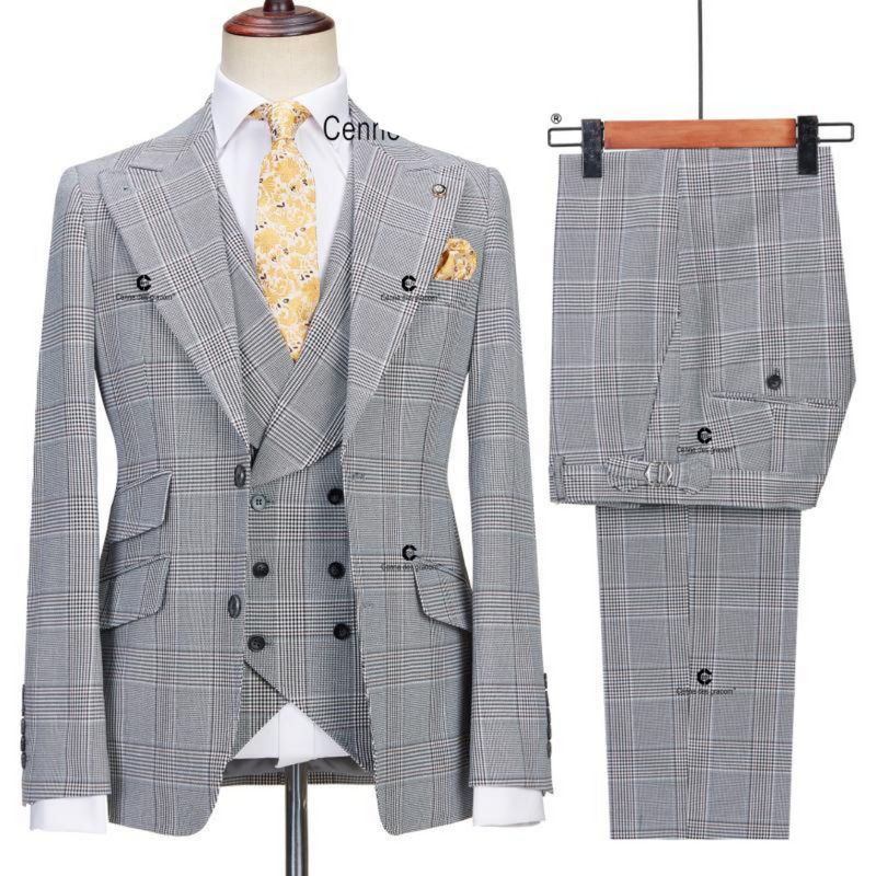 Grey Checkered 3 Piece Suit for Men