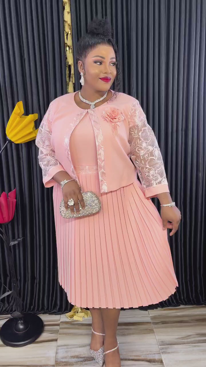 Peach Pleated Midi Dress with Lace Jacket