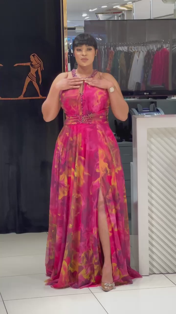 Pink Floral Halter Neck Pleated Maxi Dress w/Crystal Details