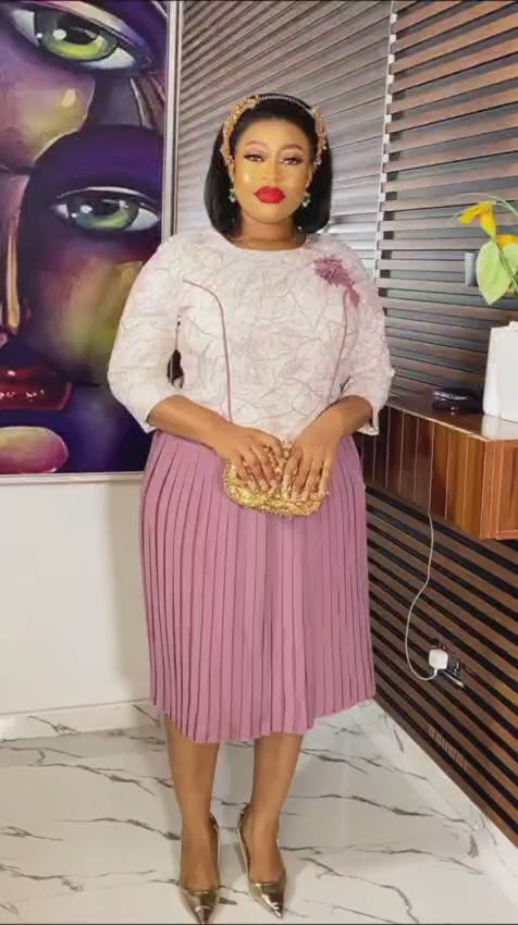 Pink Jacquard & Beige Pleated Dress