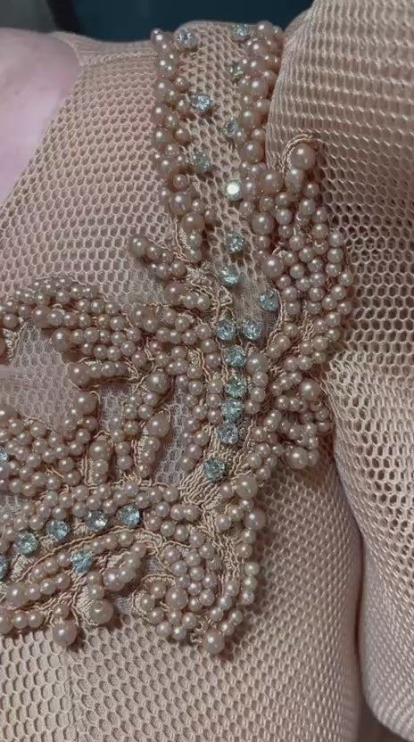 Gold Embellished Blouse & Straight Skirt Set W/Puffy Shoulders