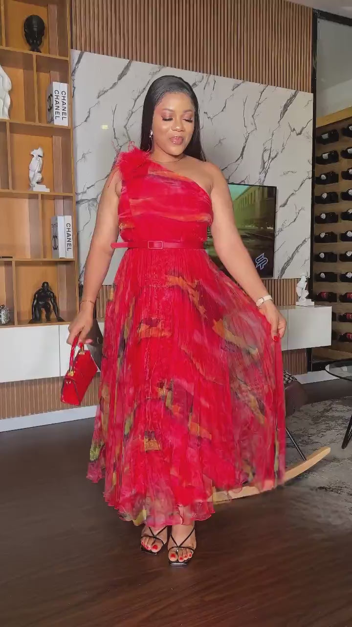 Elegant One-Shoulder Red Pleated Dress with Feather Detail
