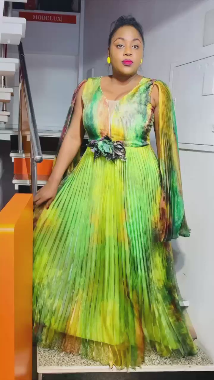 Mutli color Pleated Gown w/Draped Sleeves & Floral Waist Detail