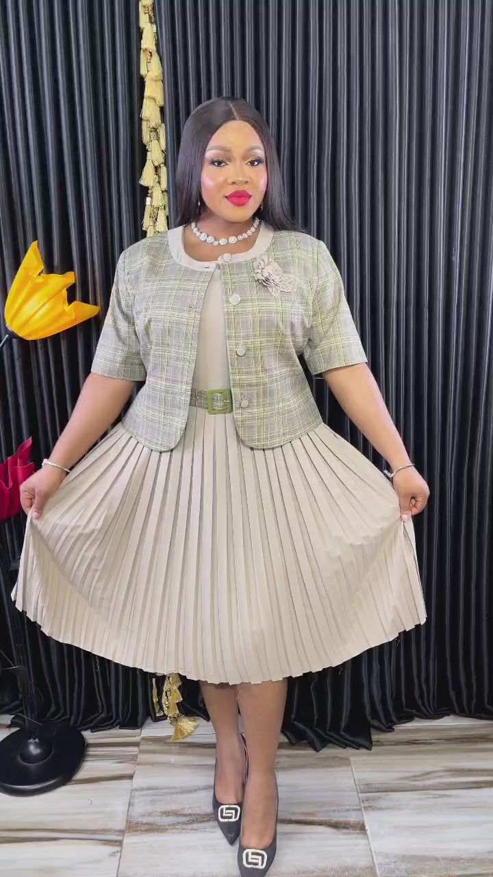 Beige Pleated Midi Dress & Green Plaid Jacket