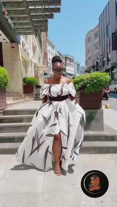 Black & White Off‑Shoulder Midi Dress with Maxi Overskirt