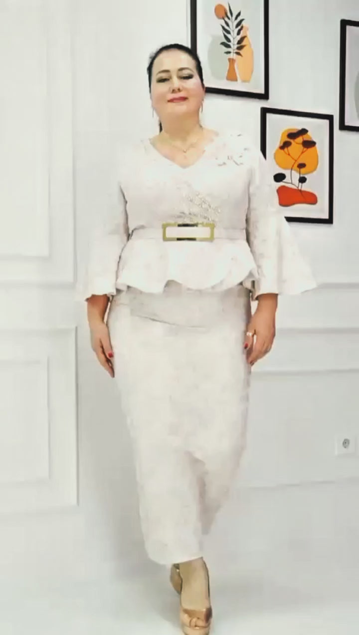 Light Pink Jacquard Two-Piece Skirt Suit with Pearl Detailing