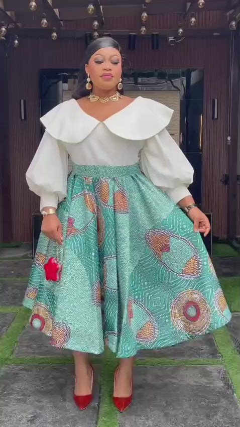 White Ruffle Collar Dress with Teal Patterned Maxi Skirt Design