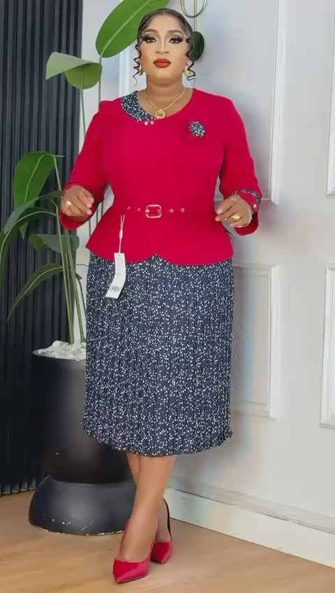 Red & Navy Midi Church Dress with Waist Belt