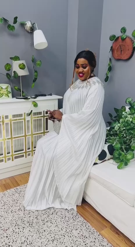 Pleated White Modest Maxi Dress With Diamante