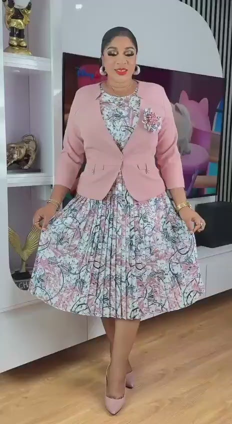 Pink Floral Pleated Midi Dress & Jacket Set