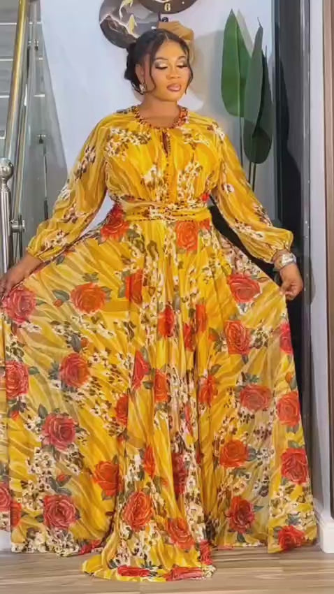 Yellow Floral Maxi Dress with Long Sheer Sleeves