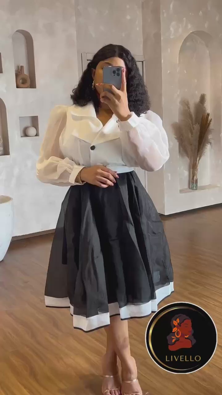Black & White Long Sleeve Midi Dress with Belt