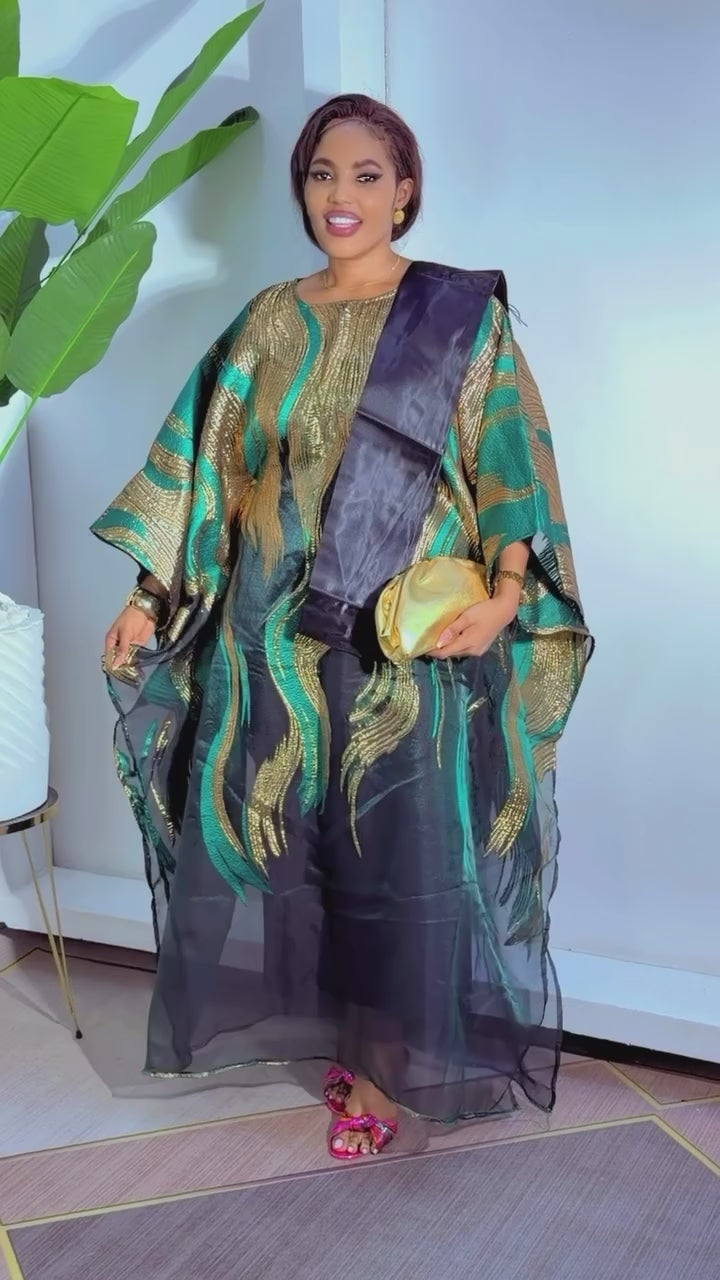 African Two‑Piece Kaftan Set in Green & Gold