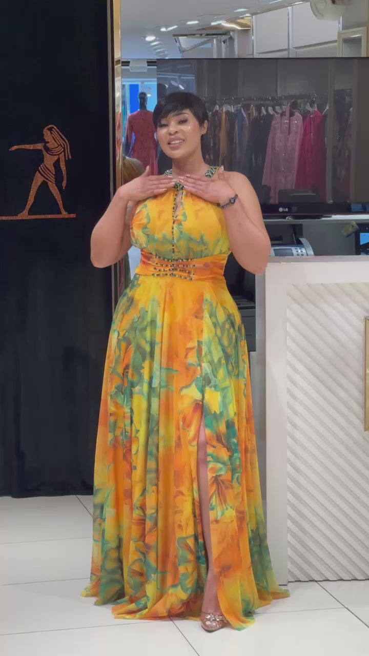 Yellow & Green Beaded Floral Maxi Dress w/Diamante Details