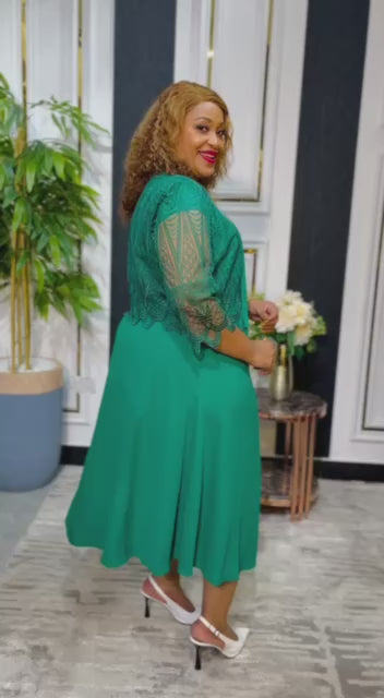 Green Midi Dress with Flared Skirt & Lace Sleeve Jacket