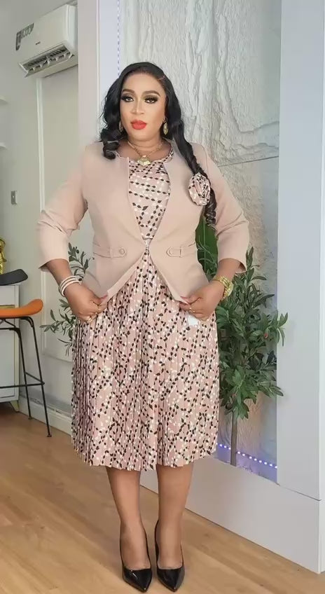 Nude Geometric Pleated Dress & Blazer Set