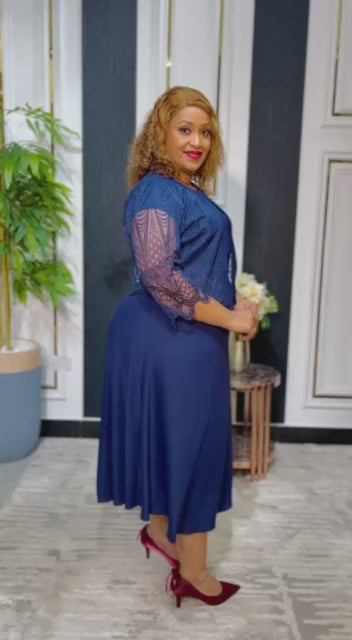 Navy Flared Midi Dress with Lace Jacket