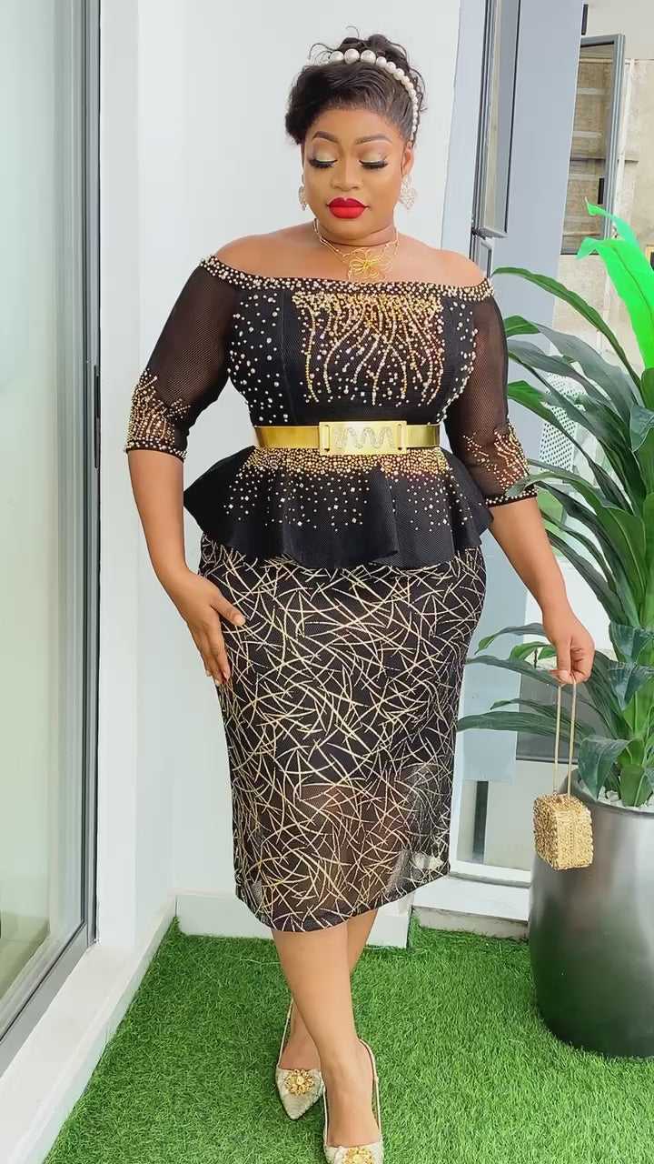 Off Shoulder Black Midi Dress with Gold Diamante and Beaded Detail