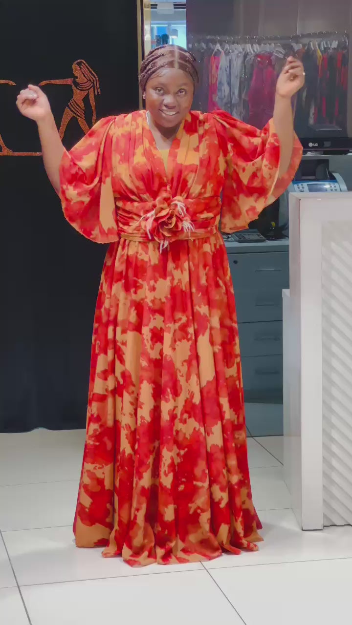 Orange & Yellow Floral Print Kimono Sleeve Maxi Dress with Waist Detail