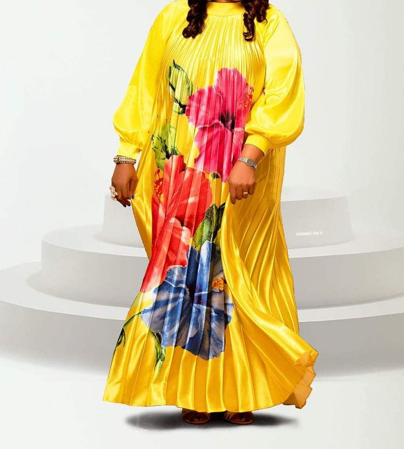 Yellow Pleated Maxi Dress with Vibrant Floral Print