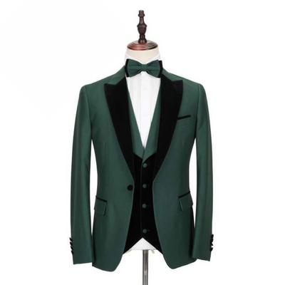 Green  Mens Suit with Black Lapelle and Waist Coat