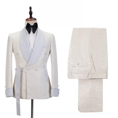 Cream and White Mens Suit with Printed Design