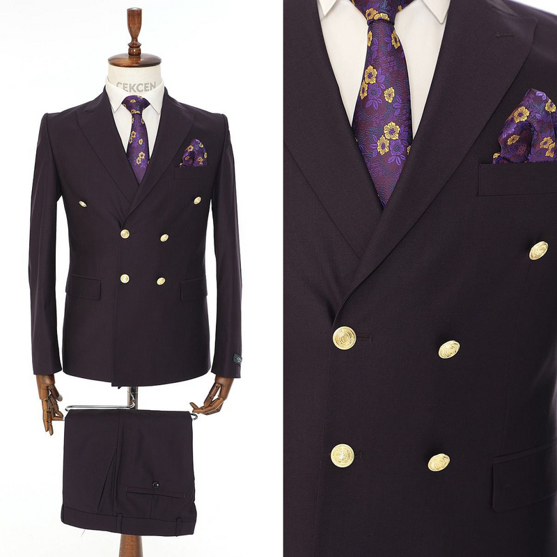 Purple Double Breasted Mens Suit With Gold Buttons
