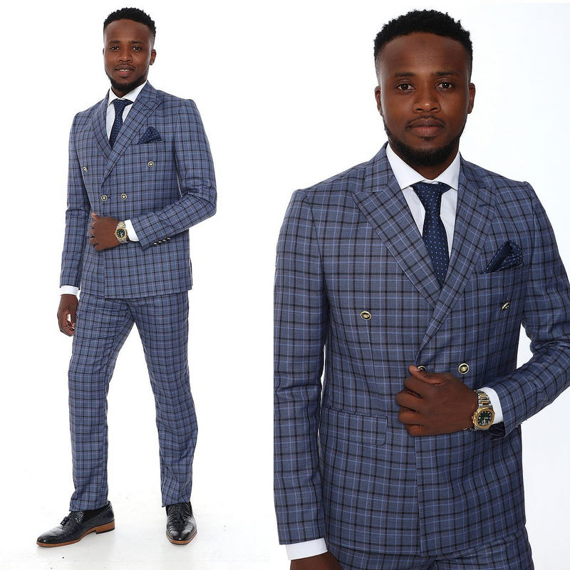 Checked Double Breasted Mens Suit With Gold Buttons