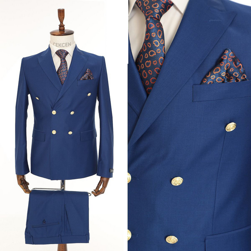 Blue Double Breasted Mens Suit With Gold Buttons