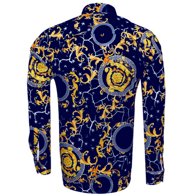 Navy & Gold Satin Printed Mens Formal Dress Shirt