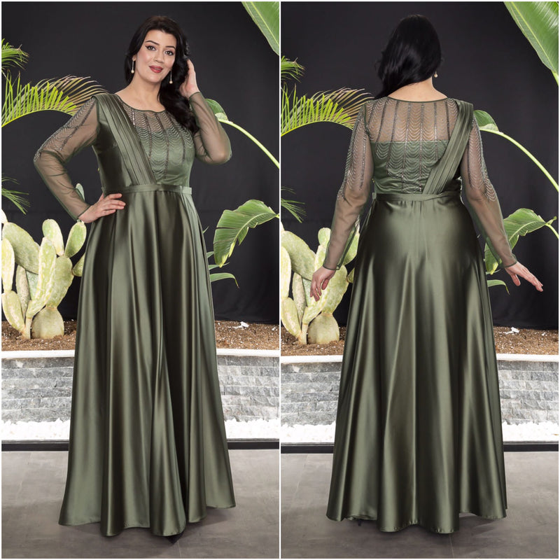 Green Long Plus Size Dress With Silver Diamante Details