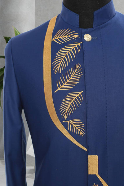 Blue and Gold Mens Dress Suit with Embroidery
