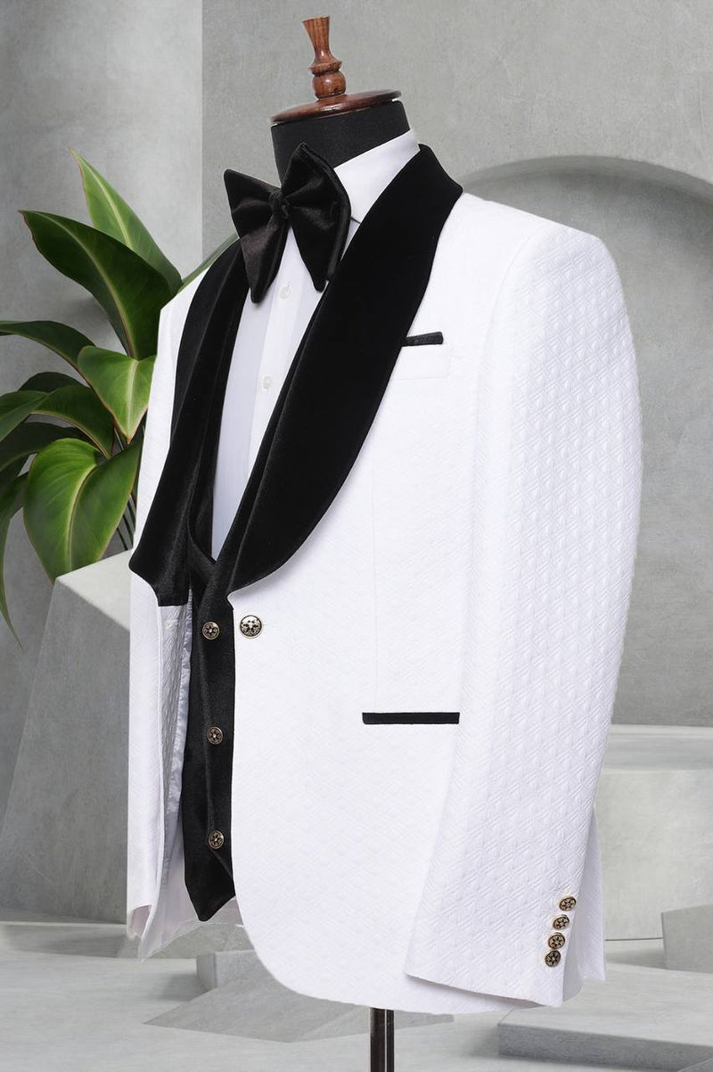 White and Black Mens Dress Suit with Black Lapels