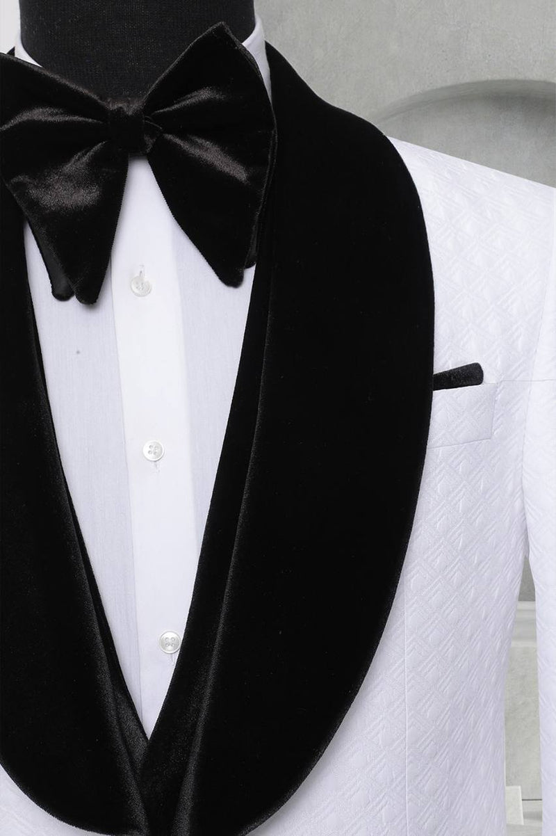 White and Black Mens Dress Suit with Black Lapels