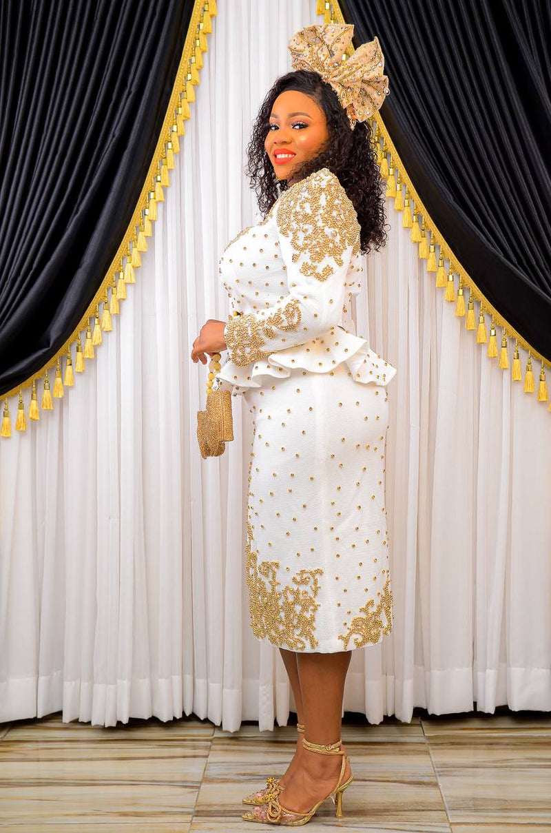 Heavily Jeweled White and Gold Embellished Dress with Jacket and Skirt Set