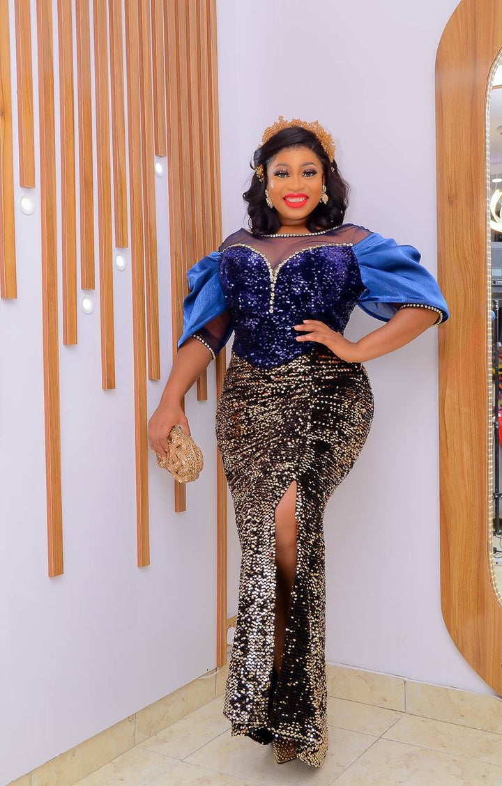 Navy Long Sleeve Sparkly Dress with Diamante Embellishments